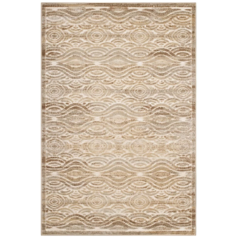 Modway Rustic Vintage Abstract Waves Chenille Yarn 5x8 Area Rug in Tan and Cream - Image 2 of 4
