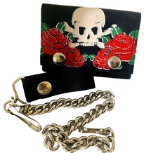New Genuine Leather Roses Swords Skull Tri-Fold Men Wallet W/Chain Leather Fob