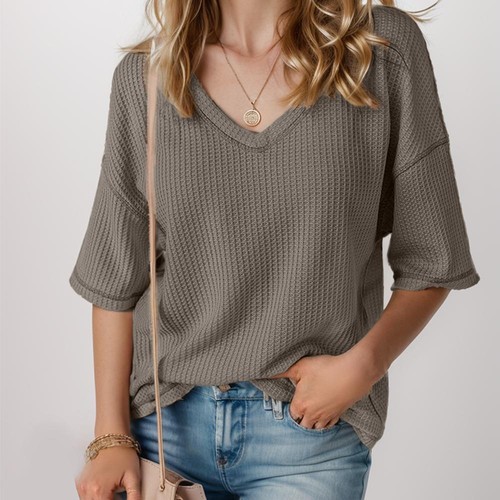 Womens V Neck Batwing Half Sleeve Shirts Waffle Knit Loose Blouse Solid Color - 第 1/14 張圖片