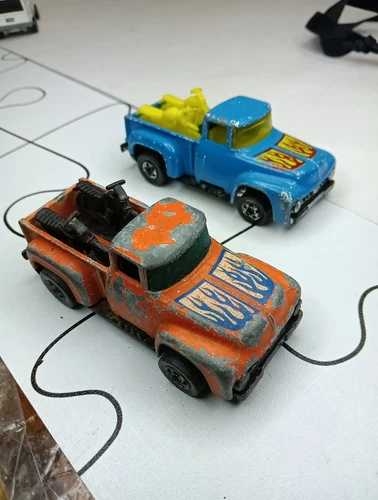 2 Vintage Hotwheels Blue Truck With Flames And YellowBlack Motorcycles