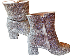 Women s Silver Glitter Covered Sparkly Chunky Heeled Boots Sz 6.5 Worn Once