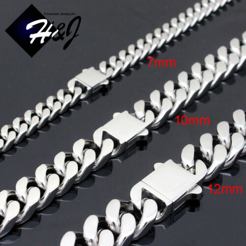 16"-40"MEN Stainless Steel 7/10/12mm Silver Miami Cuban Curb Chain Necklace*N166 - Afbeelding 1 van 5