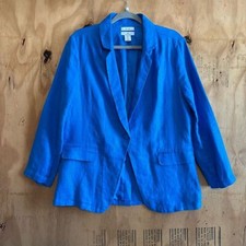 H HALSTON 100 LINEN One Button Blue Blazer Jacket Sz M