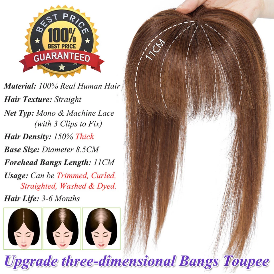 EE. UU. 100 % Remy Cabello Humano Mono Topper Clip en Pieza Superior Toupee Peluca Bangs para Mujer Foto 2 de 4