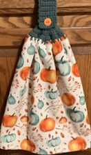 Double hanging kitchen towel Fall Autumn pumpkins Leaves crocheted blue top
