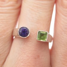 925 Sterling Silver Vintage Real Peridot  Amethyst Adjustable Ring Size 6.75