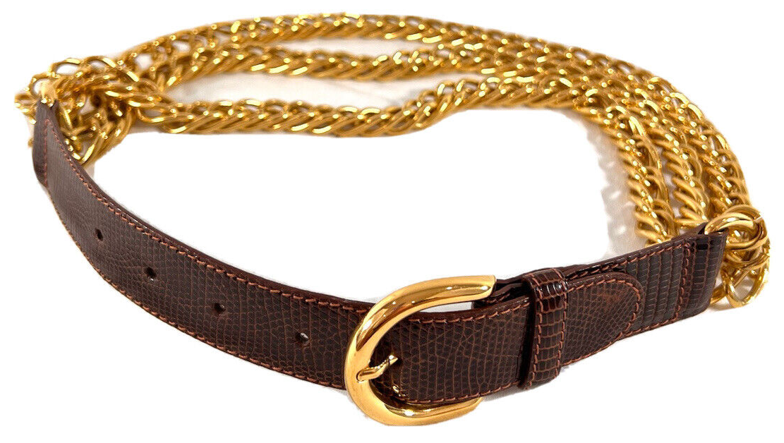 Rare GUCCI Brown Lizard and Leather Triple Golden Chain Belt 26