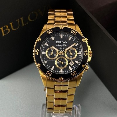 Bulova Marine Star 98B406 Men's Quartz Watch Gold-Tone Black Dial 41.5 mm