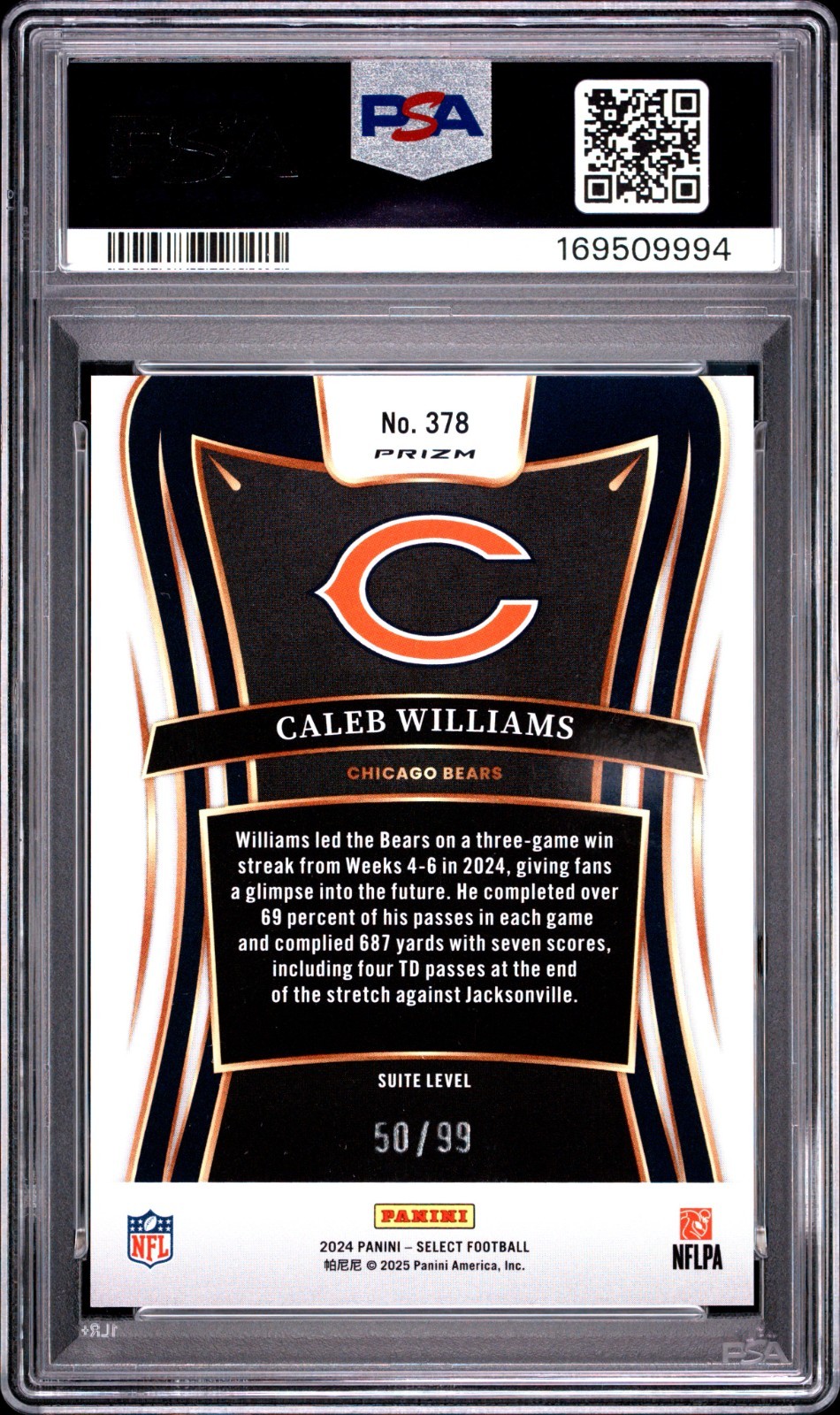 2024 Panini Select Caleb Williams /99 Blue Prizm Suite Level Rookie RC PSA 8 view 2
