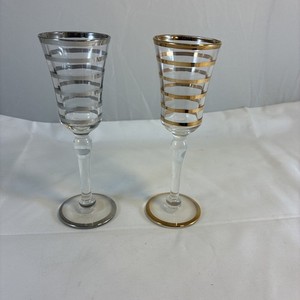 2 VTG  Cordial 1 Oz Shot  5” Glasses MCM 1 Gold, 1 Silver Overlay