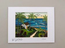 Estampe d'art signée marron bruyère paysage surf hawaïen "Hawaii Hale"