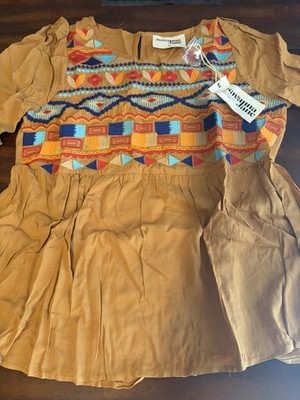Savanna Jane Womens M Embroidered Peasant Blouse Mustard Boho Tunic NWT