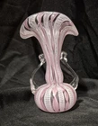 Vintage Murano glass pink & white latticinio ribbon canes bud vase with handles