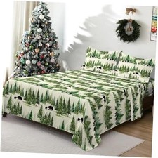 Christmas Sheet Set Size 4 Piece Green Pine Trees Bear Queen Moose  Bear