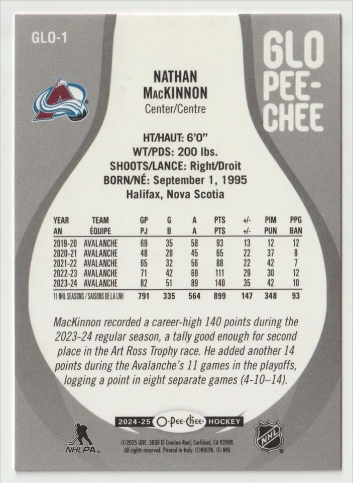 2024-25 O-PEE-CHEE OPC GLO PEE-CHEE NATHAN MACKINNON COLORADO AVALANCHE #GLO-1 - Image 2 of 2
