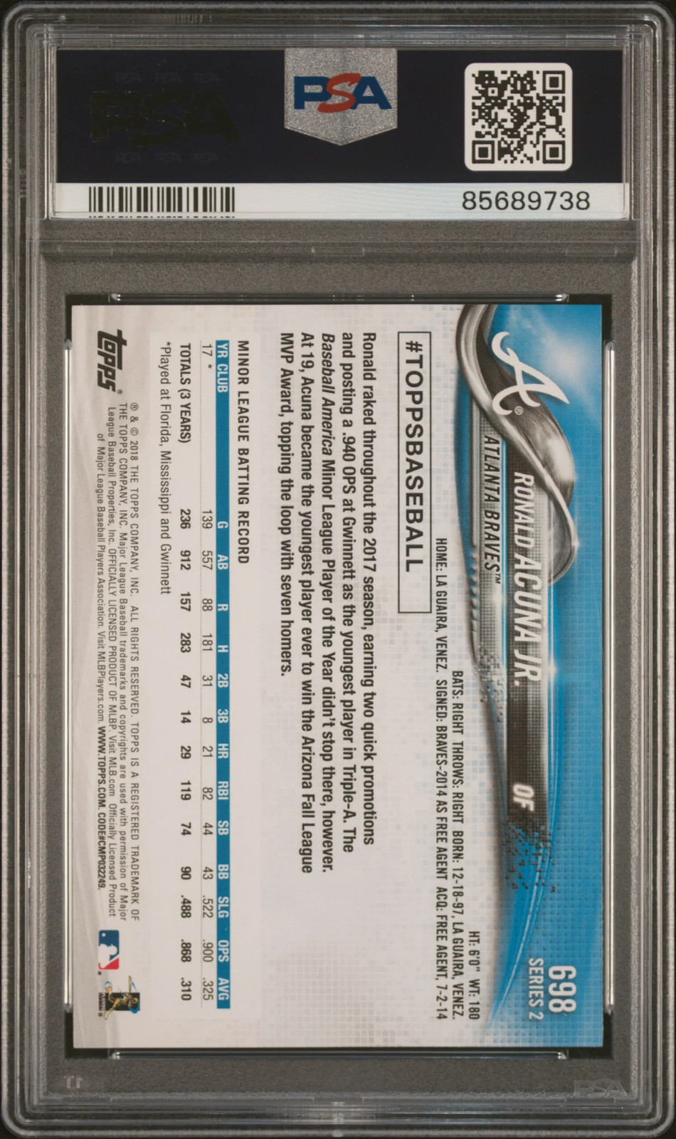 2018 Topps Complete Set Ronald Acuna Jr. #698 Bat Pointing Up RC PSA 10 view 2