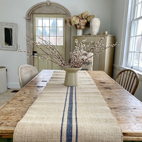 Farmhouse table runner blue stripe hand woven old hemp striped linen The Textil - Picture 5 of 9