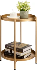 2-Tier round Gold Side Table, Outdoor Small Folding Accent Stand with Removable