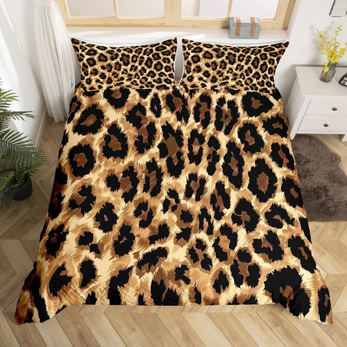 Black Brown Leopard Print Comforter Cover Set King Size, Man Cheetah Leopard Ani