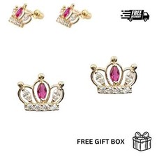 14K Solid Yellow Gold Crown Screw Back CZ Stud Earrings
