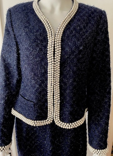 New ESCADA Navy Blue Boucle Shimmer Pearl Accented Jacket Sz 40 Skirt Sz 44 - Picture 3 of 12
