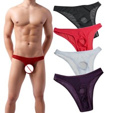 Mens Hole in Front Thongs Lingerie Front Opening Pouch Low Rise G-String Stretch