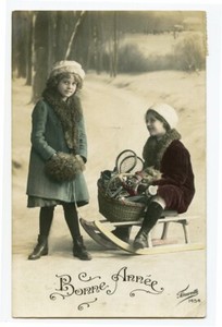 1910s Glamour Child Children SNOW SLED KIDS Fashion European photo postcard