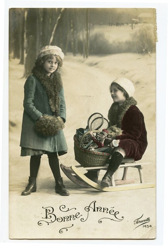 1910s Glamour Child Children SNOW SLED KIDS Fashion European photo postcard