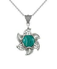 Filigree Amazonite Gemstone Blossoming Lotus Flower Pendant Necklace
