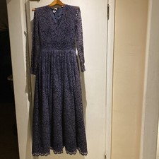 Navy beaded lace formal dress gown v neck long sleeve full skirt small
