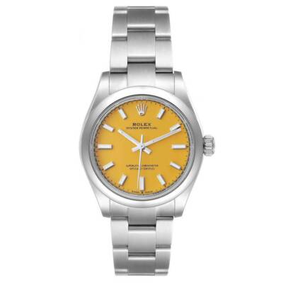 Midsize Rolex 31mm DateJust Steel Wristwatch with Yellow Dial & Smooth Bezel.