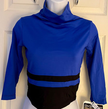 GK ICE SKATE LADIES LARGE 3/4 SLV NYLON/SPANDEX BLUE/BLACK CROP DANCE TOP SZ L