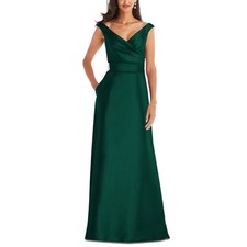 ALFRED SUNG Emerald Green Off-Shoulder Satin Maxi Gown