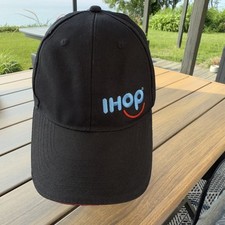 IHOP in Light Blue w Red Smile line on Black Hat Cap Hook Loop Polyester
