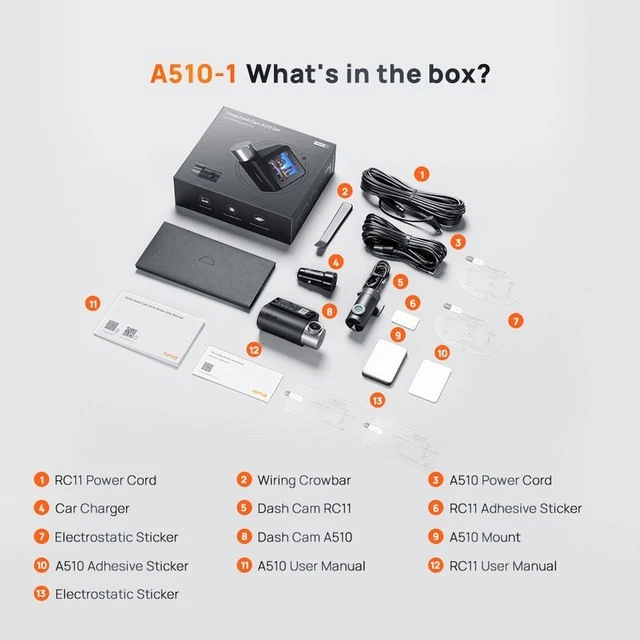 70Mai Dash Cam A510-1 Set 2.7K videoregistratore + RC11 posteriore sigillato - Immagine 4 di 4