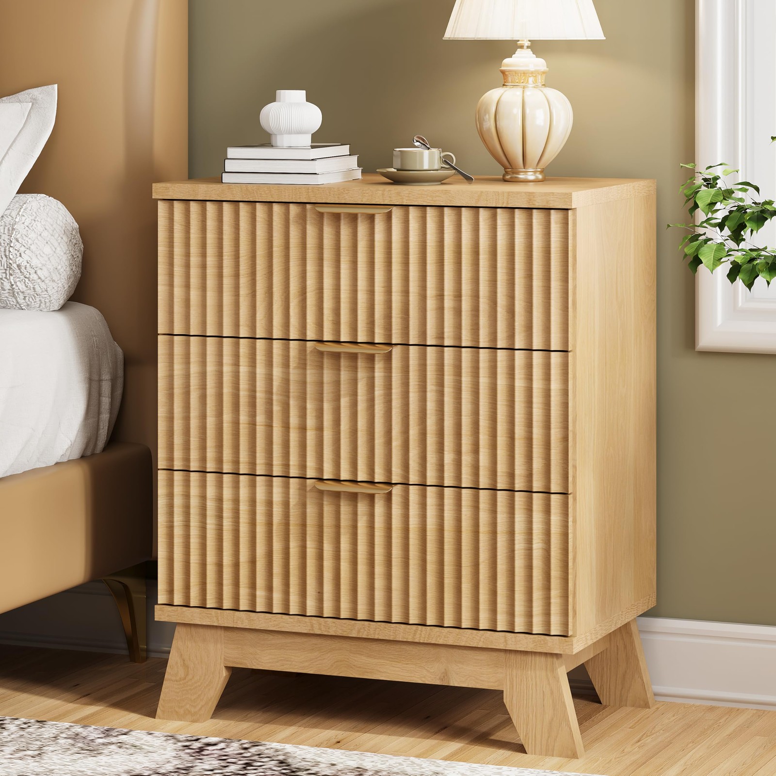 Fluted Nightstand, 24" Wide Side Table with 3 Large Storage Drawers