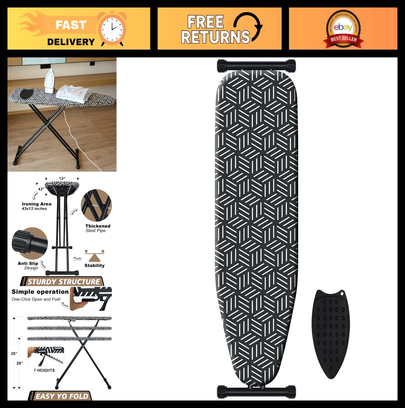 Ing Board - Extra Wide, Heavy Duty Padded Cover, Space Sav