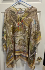 Johnny Was Boho Floral Print Silk Tunic Top With Crochet Lace Trim one size fits