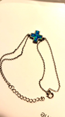 ss double chain bracelet with opal cross charm size 6, will expand to size 7+1/4