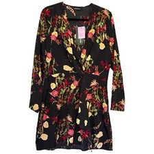 Pretty Little Thing NWT Women's Black Floral Satin Long Sleeve Wrap Dress Sz 12