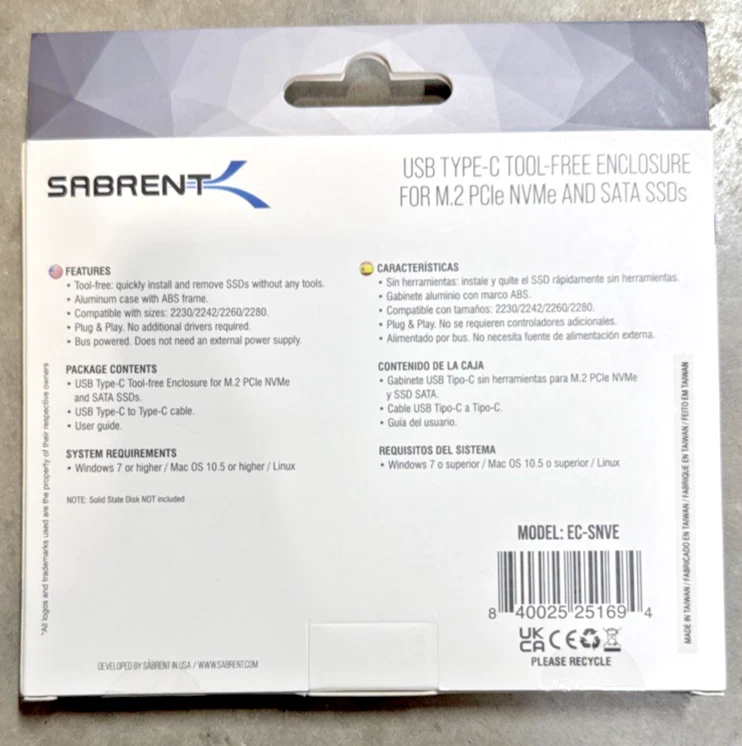 New SABRENT USB Type C Enclosure For M.2 PCIe NVMe And SATA SSD EC-SNVE - Image 2 of 2