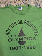 Vintage 1989 Jackson Oil Products Olympics T-Shirt Size Medium Green Russell 