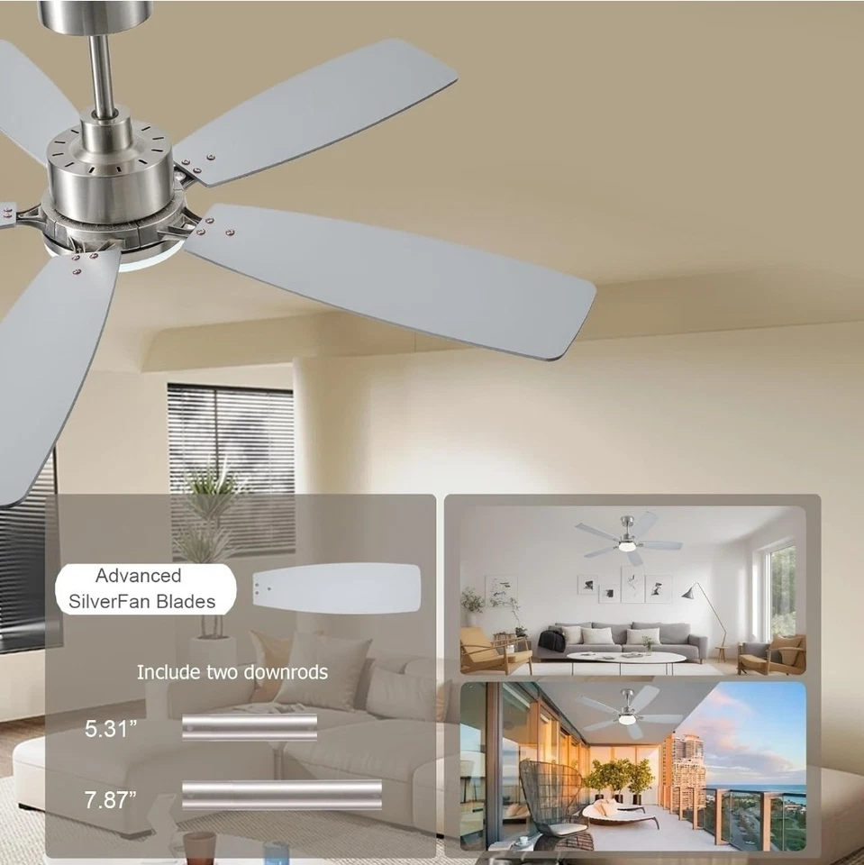 Ceiling Fans with Lights, 52 Inch Low Profile Ceiling Fan with Light and Nickel - Image 4 of 4