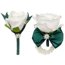 Corsage Boutonniere Wedding Prom Artificial Flower Wristlet Pearl Green White