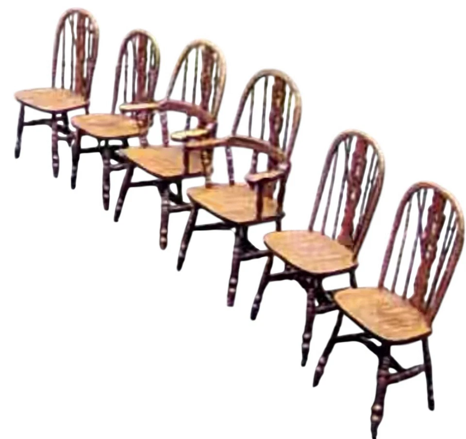 Juego de mesa de comedor vintage de roble de 8 piezas para granja con 6 sillas Windsor con respaldo de violín Foto 4 de 4