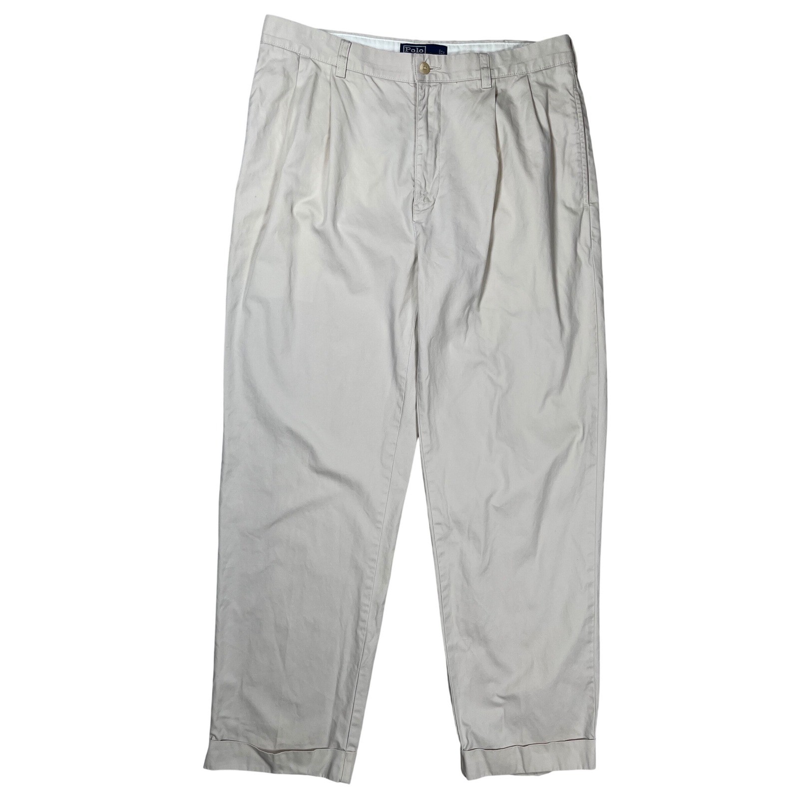 VTG Polo Ralph Lauren Hammond Pants Men 34x30 Beige Pleated Cuffed Cotton Chinos