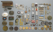 (Large Vintage Junk Drawer Collectible Lot) Old Coins, Knives, Lighters and More
