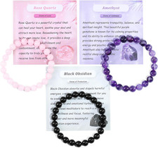 Set of 3Pcs Natural Crystal Bead Bracelet for Women, Healing Stone Chakra Stretc