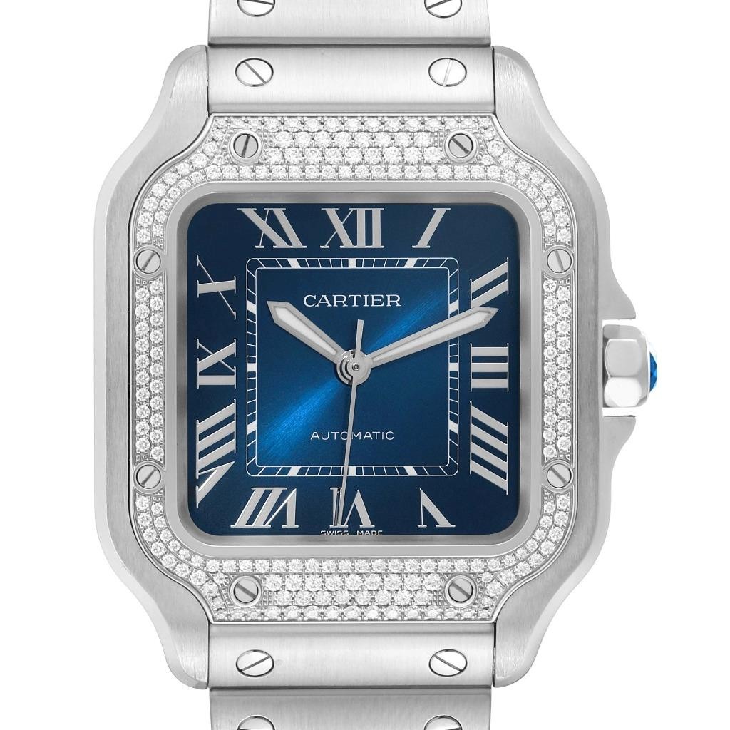 Cartier Santos Men's Steel Watch with Blue Dial and Diamonds W4SA0006 Box Card-image