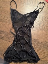 Sheer Black Lace Teddy Bodysuit with Ribbon Details Size XL